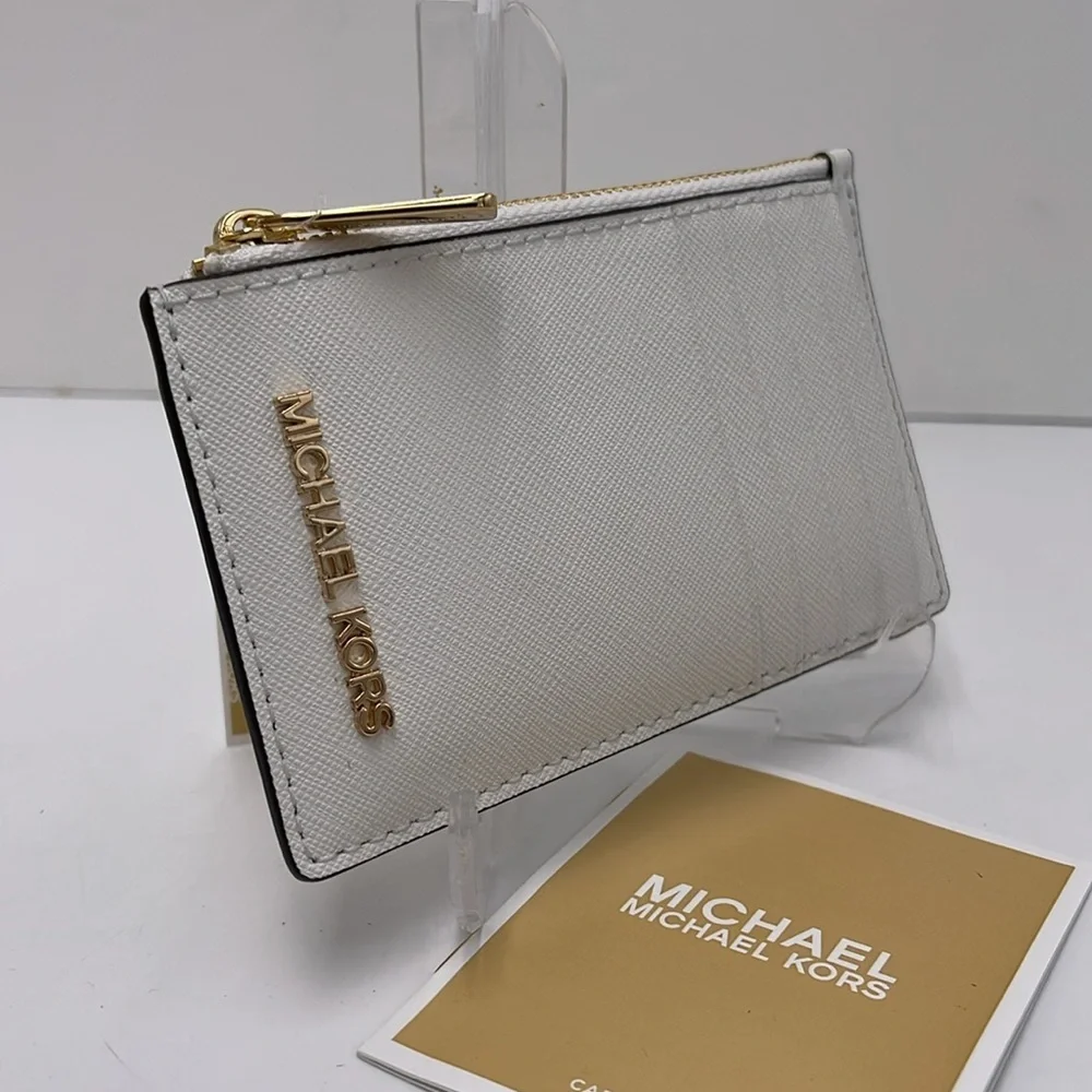 Michael Kors Jet Set Travel Medium Leather Zip Around Card Case Optic White NWT